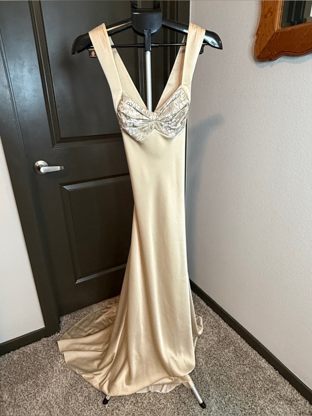 Calvin Klein Formal Gold Dress with Metallic Lace Bolero